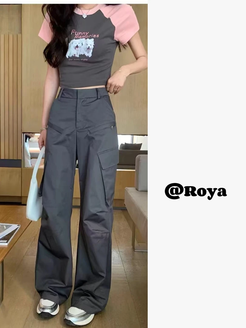 -Roya-美式甜酷高腰直筒工装裤显瘦设计感宽松百搭