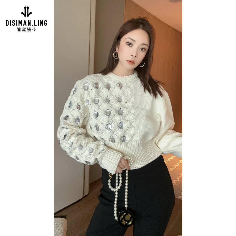 迪丝嫚苓白色长袖针织衫时尚百搭休闲短款女士秋冬保暖圆领套头