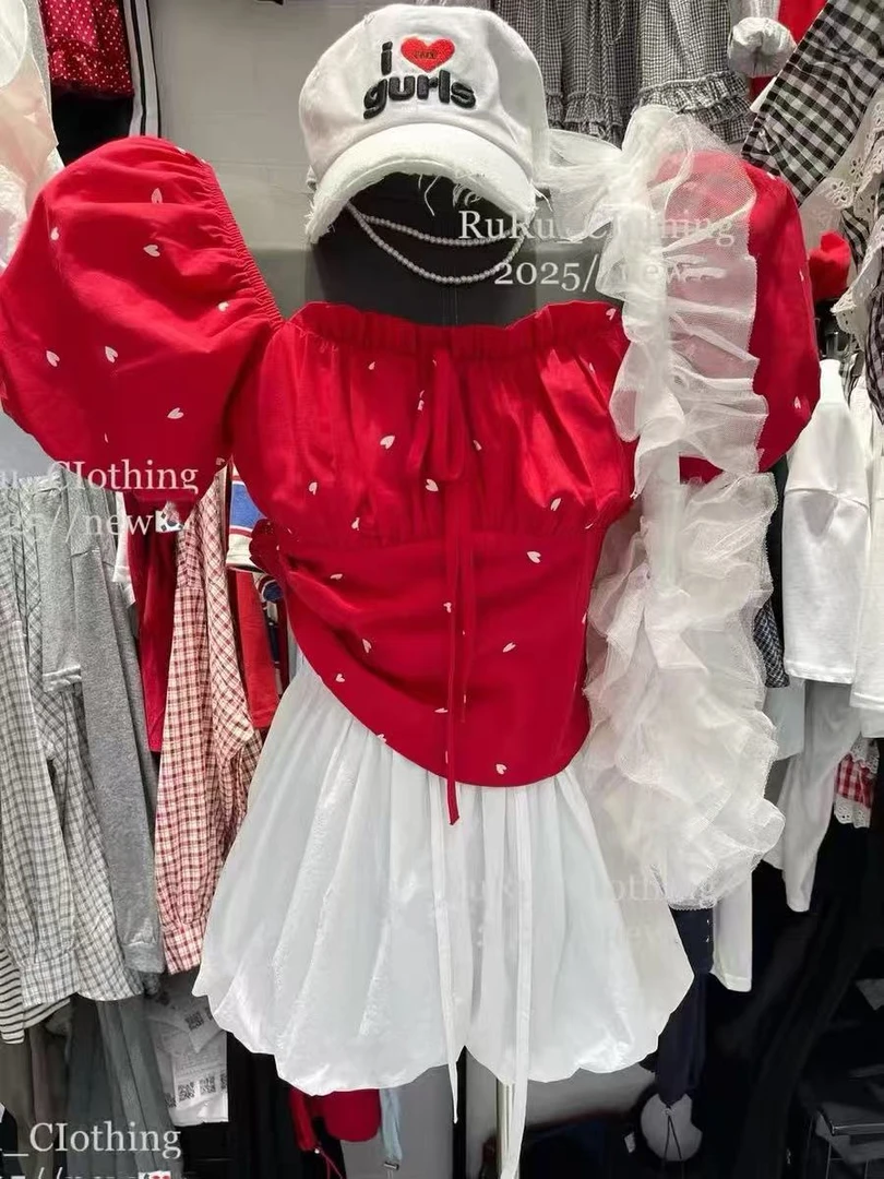 悠悠 夏季新款韩版方领露锁骨爱心泡泡袖短袖上衣女百搭