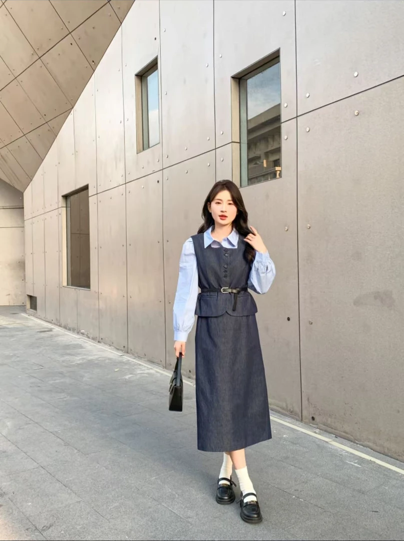 【6366】水#衬衫上衣+背心+半身裙【三件套】