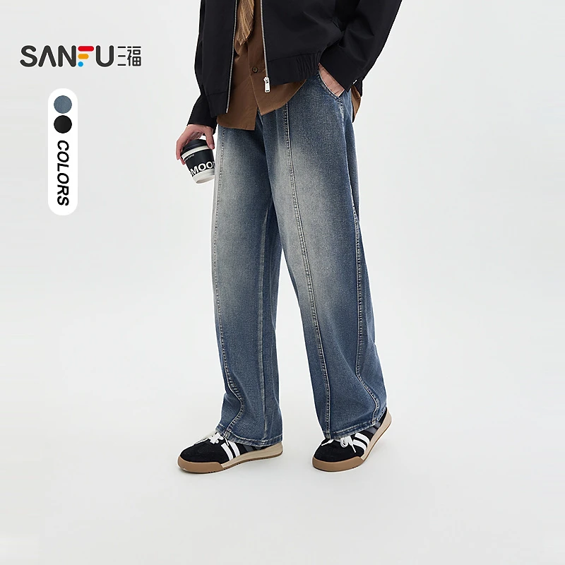 SANFU/三福秋季男女休闲分割百搭牛仔裤都市宽松橡筋腰长裤511140