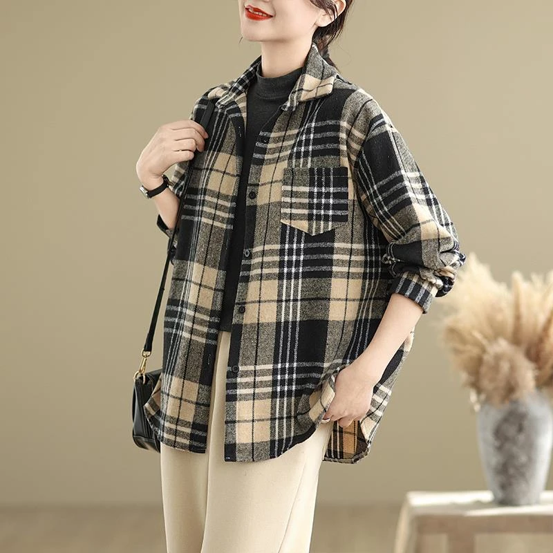 实拍春季复古文艺范撞色格纹外套 百搭宽松显瘦气质大码休闲上衣