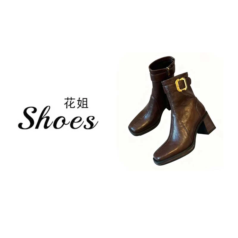 QYX229-1方头高跟短靴女复古粗跟厚底显瘦加绒马丁靴静音底瘦瘦靴