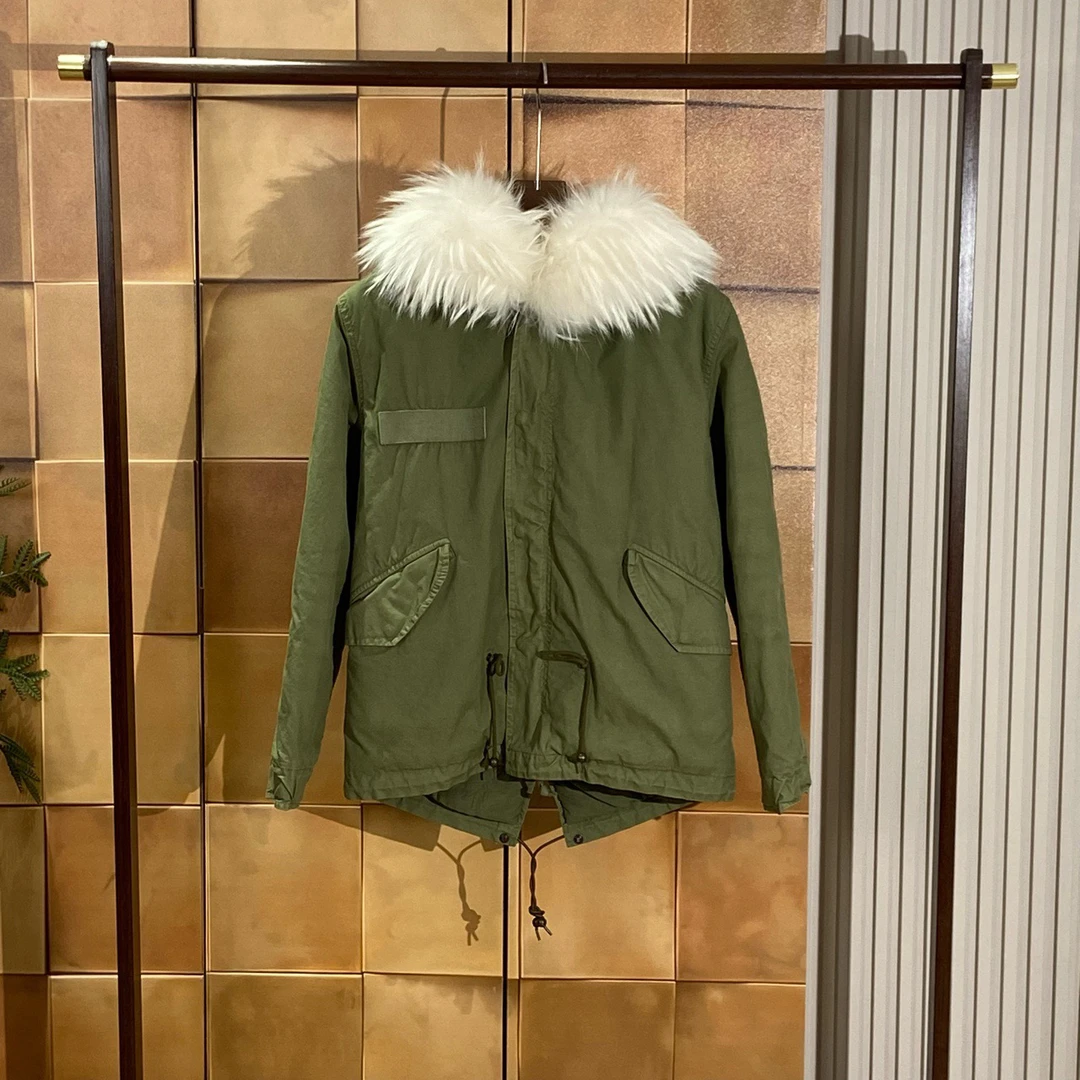 Mr&Mrs皮草夫妇军绿色貉子毛领派克棉服/xxs码/99新/27449