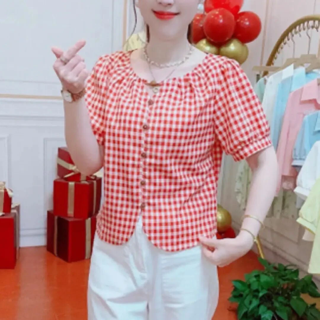 泡泡袖拼接短袖夏季格子短款衬衫时尚女装减龄气质显瘦小衫