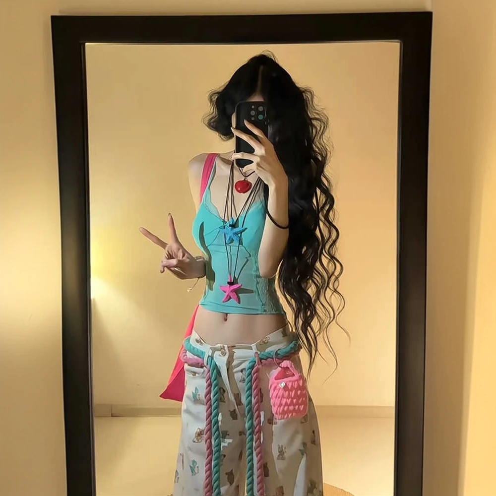 X8485辣妹蕾丝拼接吊带背心上衣春夏百搭洋气衣服女阔腿裤套装女