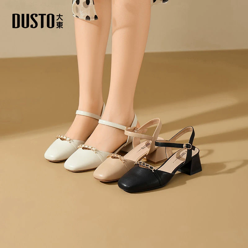 大东时尚女鞋夏季百搭简约一字带凉鞋法式优雅粗跟增高鞋子女3419