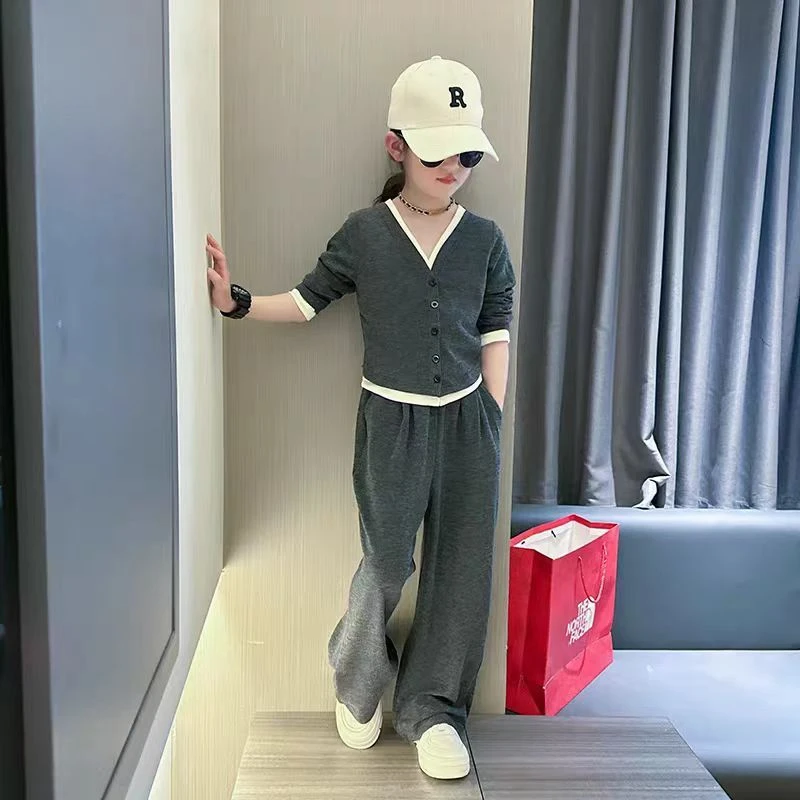 女童春季套装2025新款中大童假两件针织阔腿裤两件套女孩时髦秋装