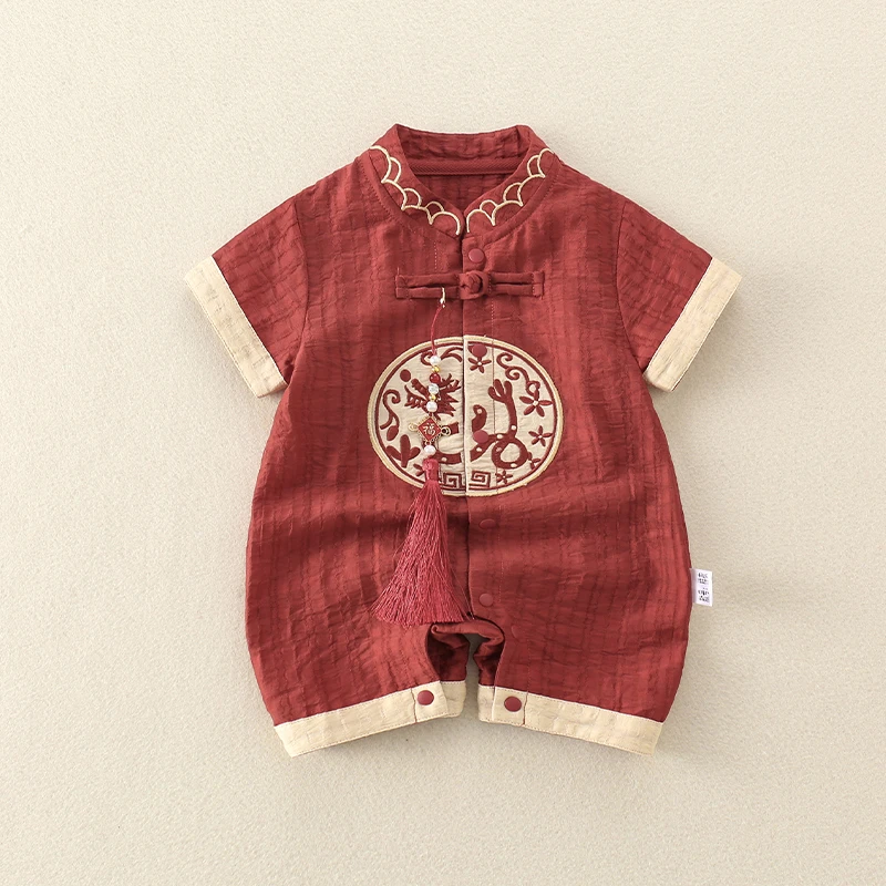 宝宝夏季满月礼服薄款短袖百天拍照衣服新中式国风连体衣周岁爬服