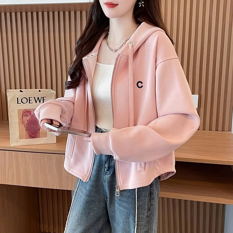 小个子短款春秋薄款连帽开衫卫衣女韩版宽松简约百搭上衣外套ins