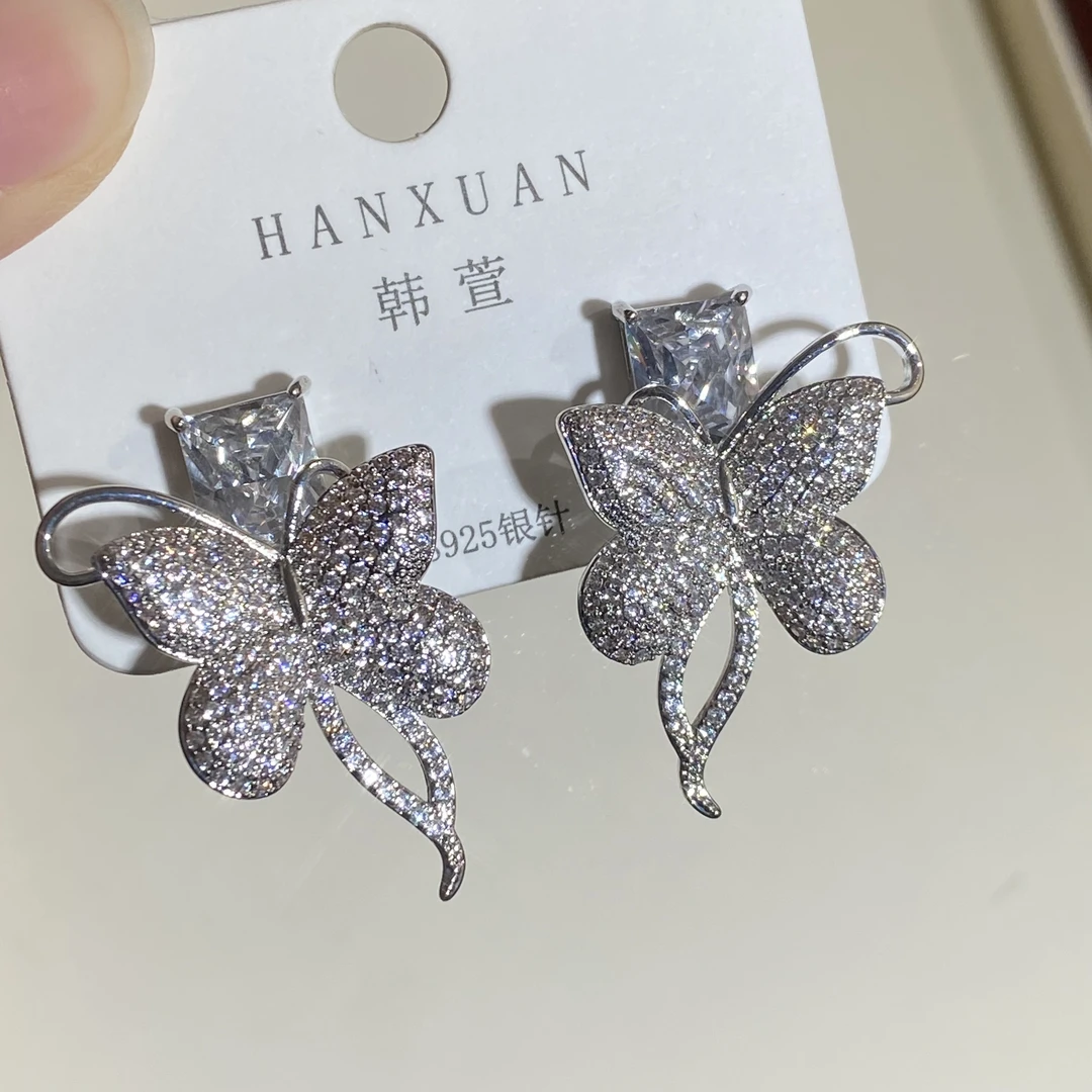 铜合金耳饰 2740-0075新款蝴蝶方糖锆石耳钉新娘婚纱礼服配饰