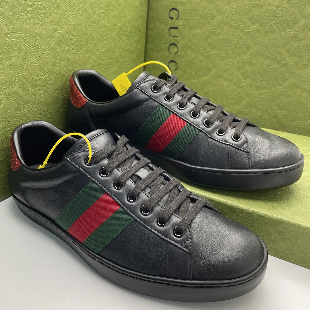 95新 GUCCI/古驰 /42欧码/二手/黑色休闲条纹舒适板鞋/男款
