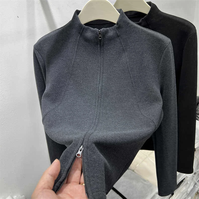 奥特莱斯~设计感小众立领双拉链针织开衫女早春休闲遮肉上衣外套