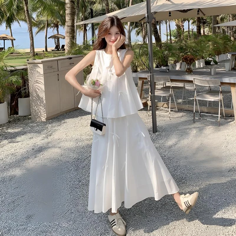 白色裙子套装女2025新款夏季减龄一整套穿搭清纯蝴蝶结背心两件套