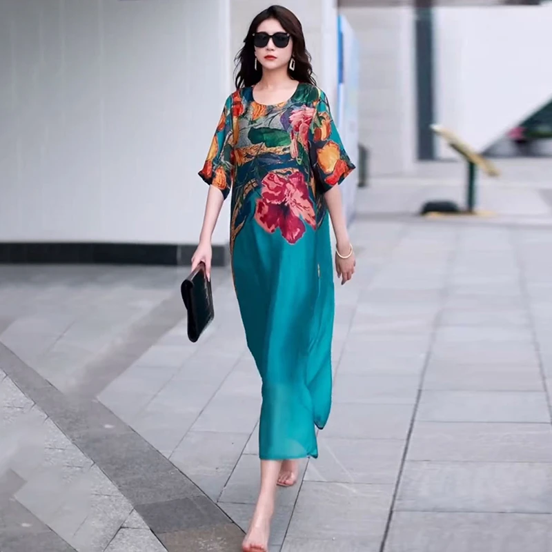 227夏季新款大码复古丝印花连衣裙宽松双层不规则民族风气质长裙