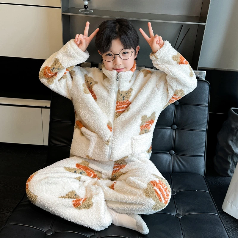 儿童装男童睡衣秋冬款家居服冬季珊瑚绒男孩法兰绒中大童加绒加厚