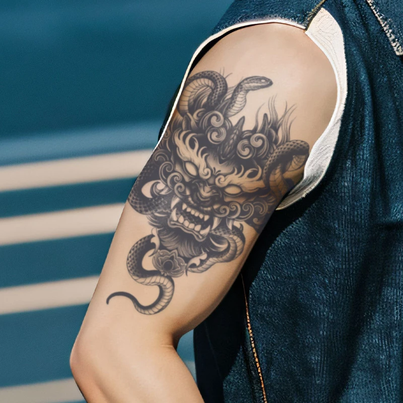 蛇满麒麟草本纹身贴纸防水持久半永久不反光手臂花臂可洗逼真个性