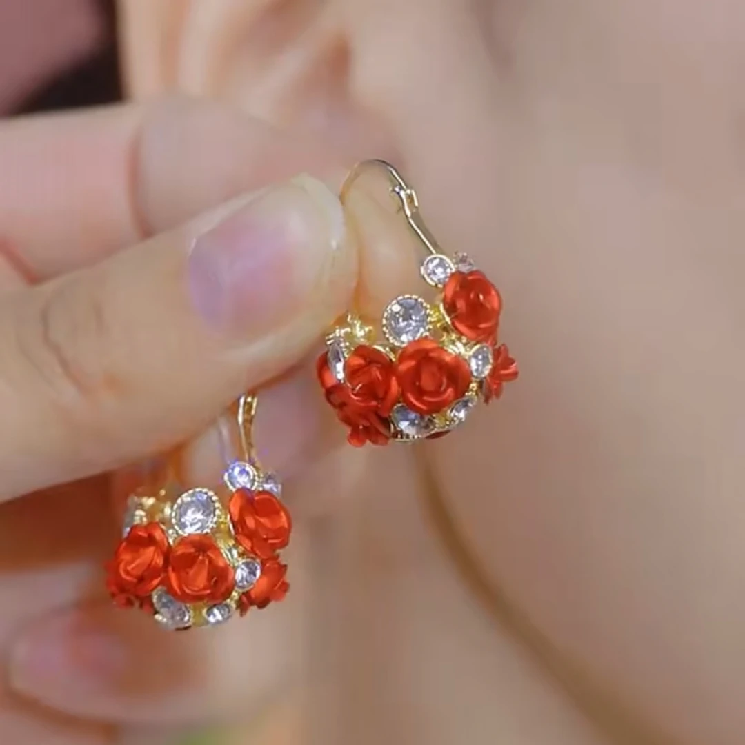 铜合金合成锆石耳饰 【玫瑰佳人】时尚气质红色玫瑰花耳环