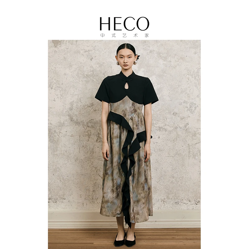 HECO【枯荣】新中式国风不规则印花连衣裙女装夏季改良盘扣长裙子