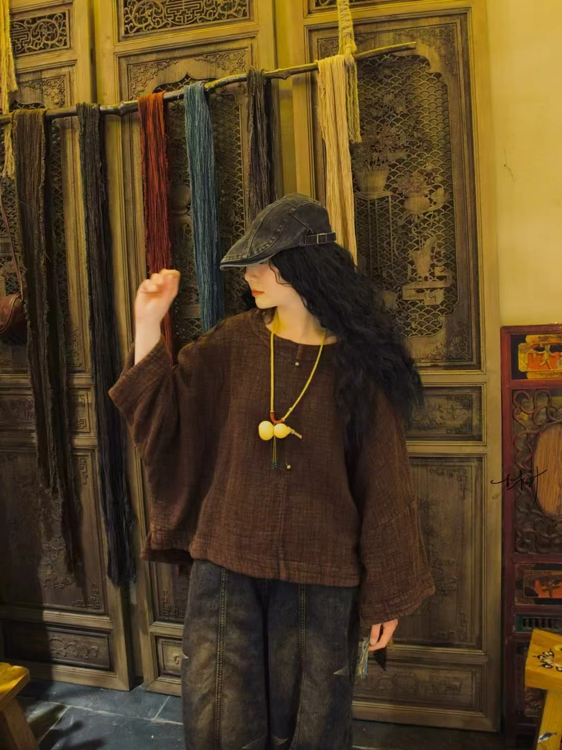 复古风亚麻圆领慵懒风休闲套头设计短款上衣【衣长64胸围175】春秋