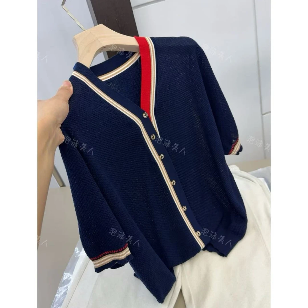 莱赛尔100撞色小v领2025夏季新款设计感针织衫薄中袖女士T恤套头