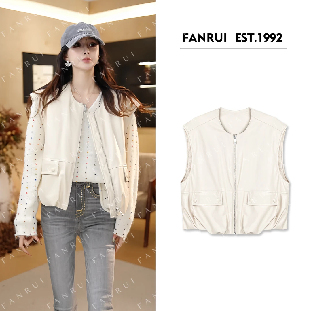 抖音双11泛芮「贝贝biuu」复古口袋宽松显瘦无袖马甲皮衣外套B18083