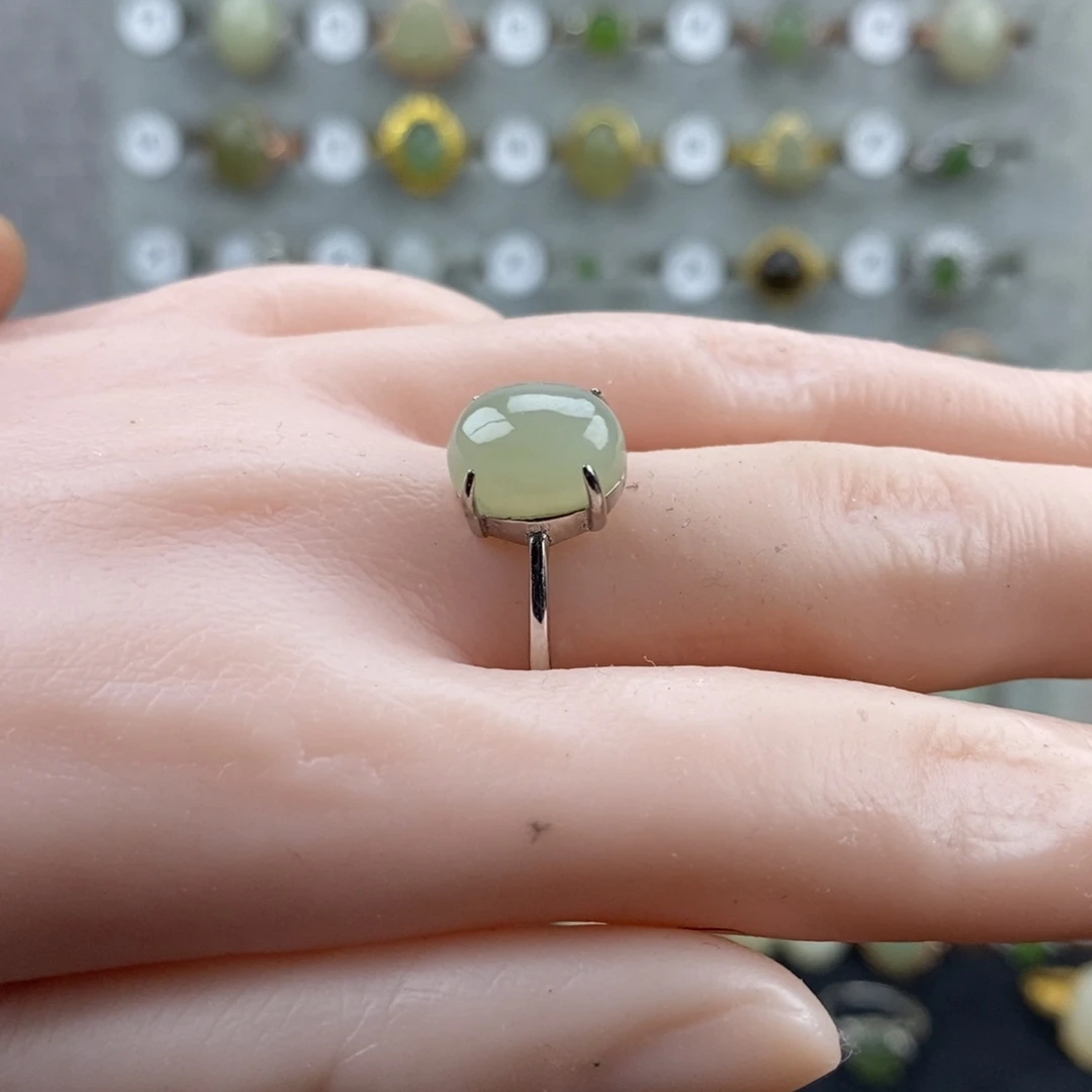 和田玉（青白玉）银S925镀金镶嵌戒指