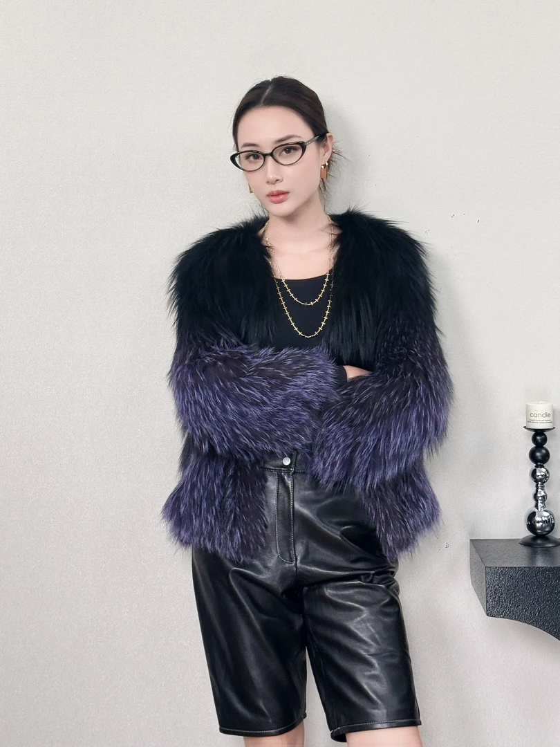 【源来有你】银狐染色渐变编织毛毛皮草外套网红