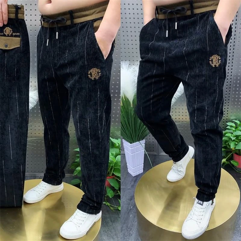 秋冬新款条纹休闲裤男士潮流百搭小脚长裤时尚宽松商务弹力哈伦裤