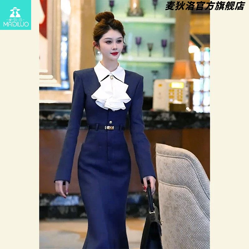 秋冬高端精致长裙风情万种气质高级感小香风上流社会蝴蝶结连衣裙