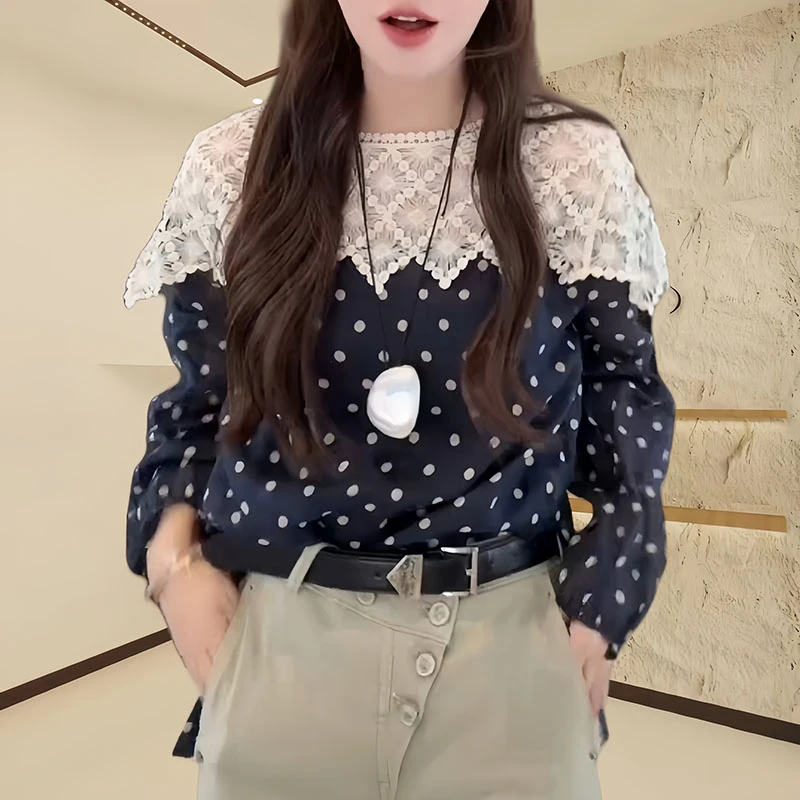 2025春夏薄款波点蕾丝拼接新款泡泡袖气质显瘦女士衬衫休闲宽松