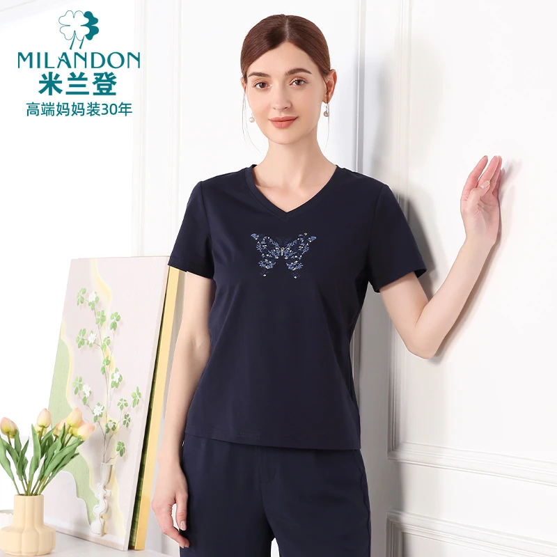 MILANDON/米兰登2025新款夏季V领气质绣花棉短袖女士T恤3Q2T1192X