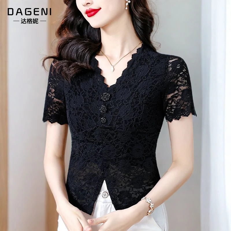 气质V领短袖蕾丝衫时尚洋气镂空上衣女夏季新款修身显瘦百搭小衫