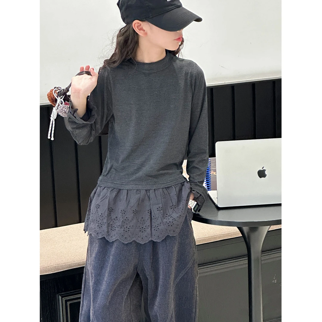 K29714孙小美半高领蕾丝边女童打底衫2025秋新款儿童长袖T恤上衣t