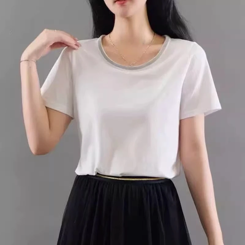 {专柜}商场同款2025女装夏季百搭休闲钉珠小香风短袖T恤衫1300421