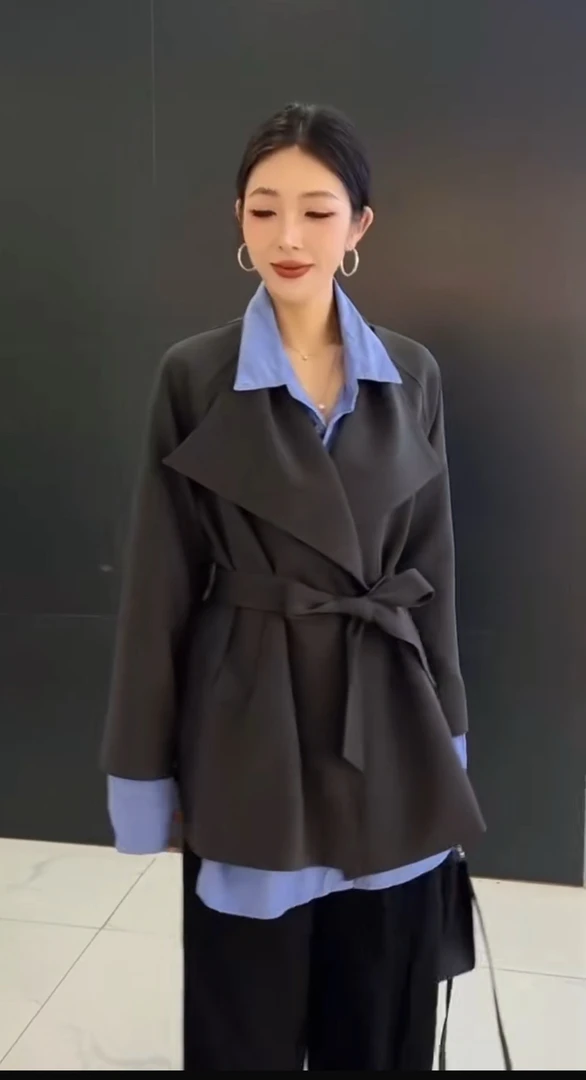 纯色短款翻领女法式薄款春季风衣设计师上衣外套收腰