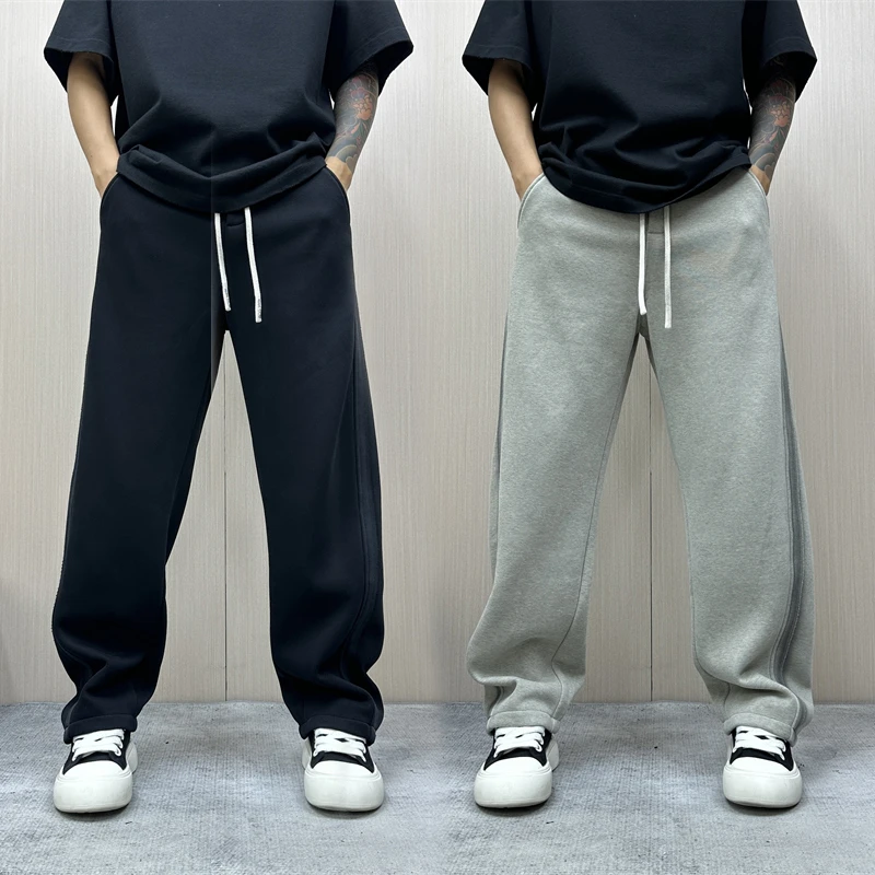 昊Studio冬季男士加绒百搭运动风复古宽松卫裤阔腿潮流直筒休闲裤