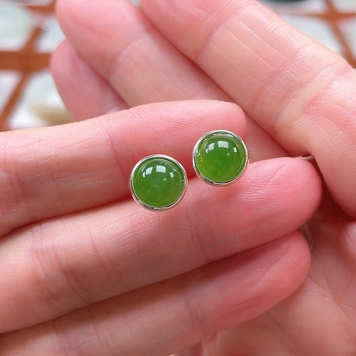 和田玉（碧玉）银S925镶嵌耳饰