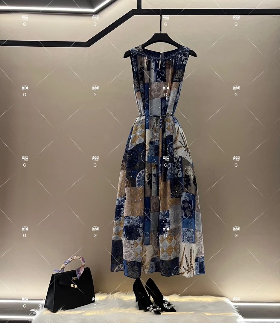 【齐】夏季新款复古时尚百搭印花无袖连衣裙 H-809