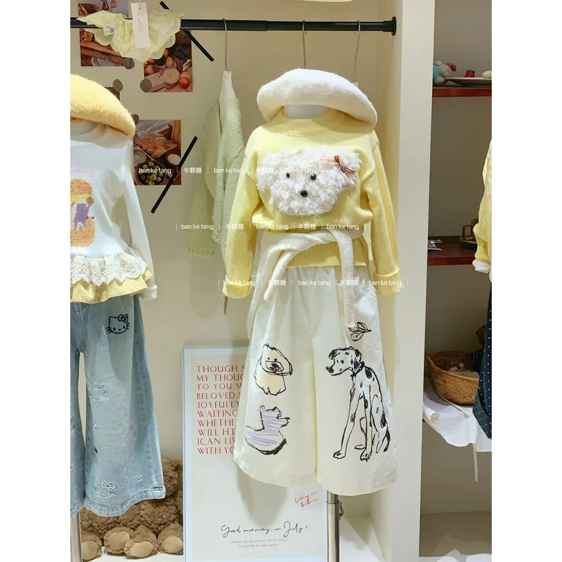 女童黄色贴补小狗套头针织衫2025秋季新款韩版童装女宝宝洋气毛衣
