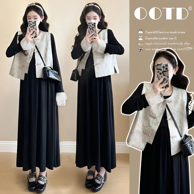 时髦孕妇装新款高级感春季新中式国风时尚马甲显瘦蕾丝连衣裙套装