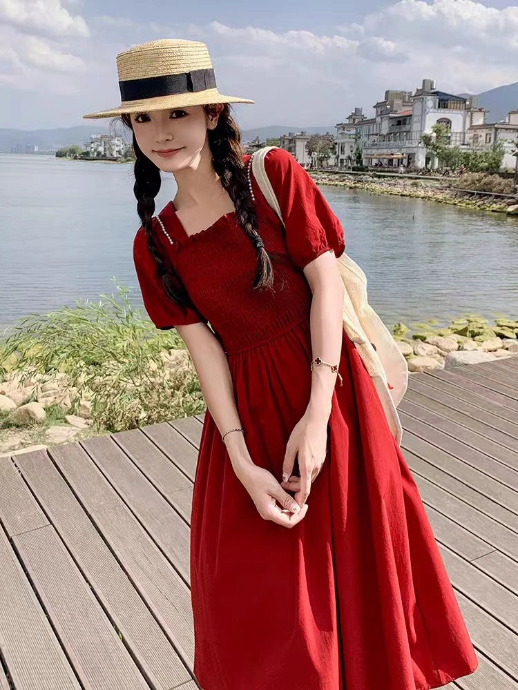 606-裙长约100）时尚纯色方领泡泡袖连衣裙