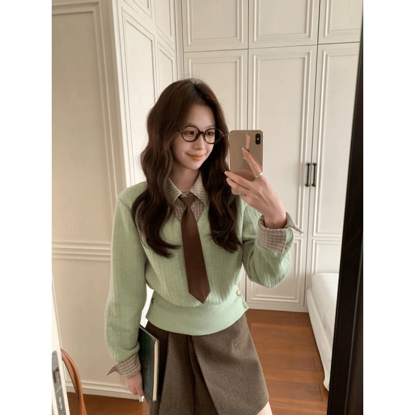 【薄荷年糕】韩系高智感格纹撞色拼接上衣半裙两件套23866#