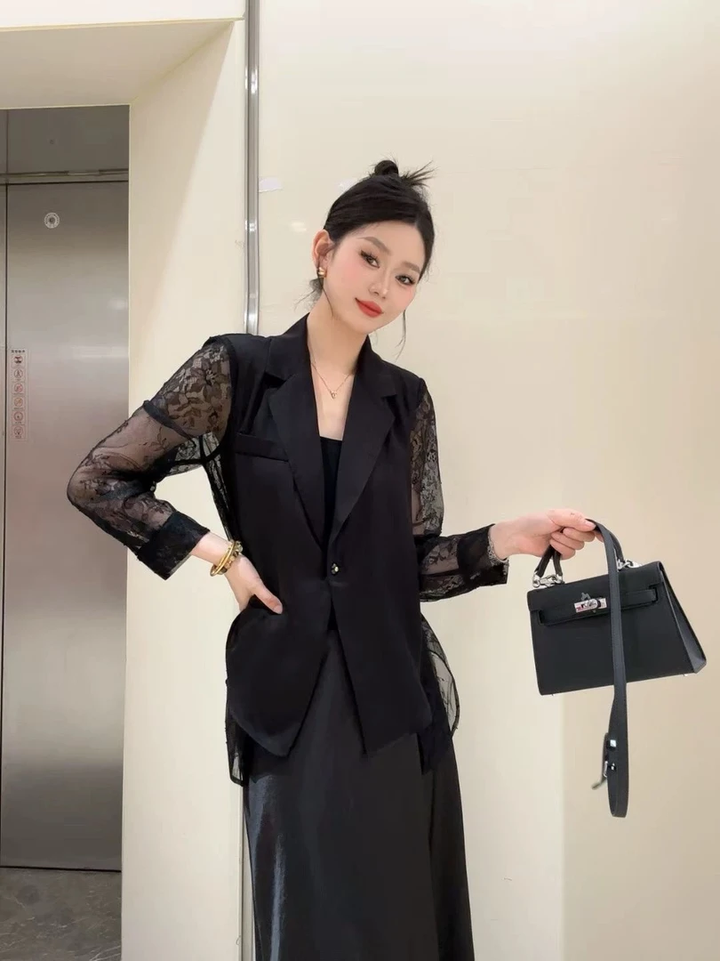 【8183】佰#休闲百搭蕾丝拼接西装外套