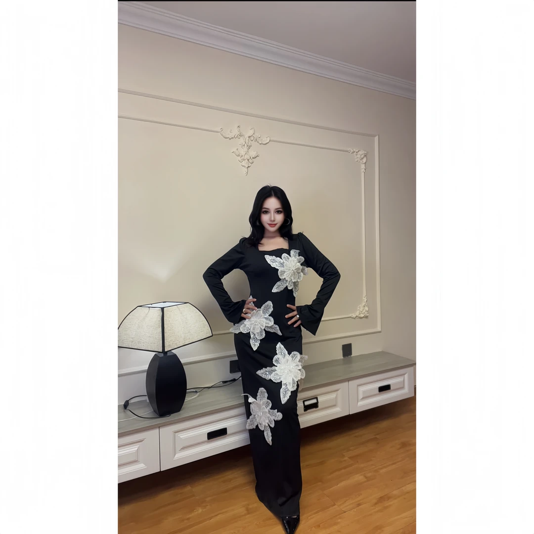 5960【包邮】重工米珠刺大花朵设计时尚新款女装连衣裙