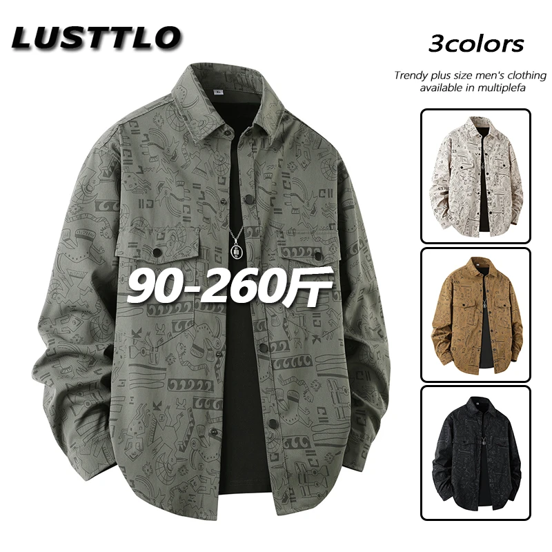 大码百搭复古港风满印长袖衬衫男士春秋季休闲潮流显瘦翻领寸衫