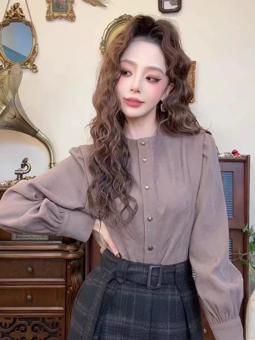 气质简约复古港风设计感衬衫女秋冬加厚内搭长袖衬衣通勤百搭上衣