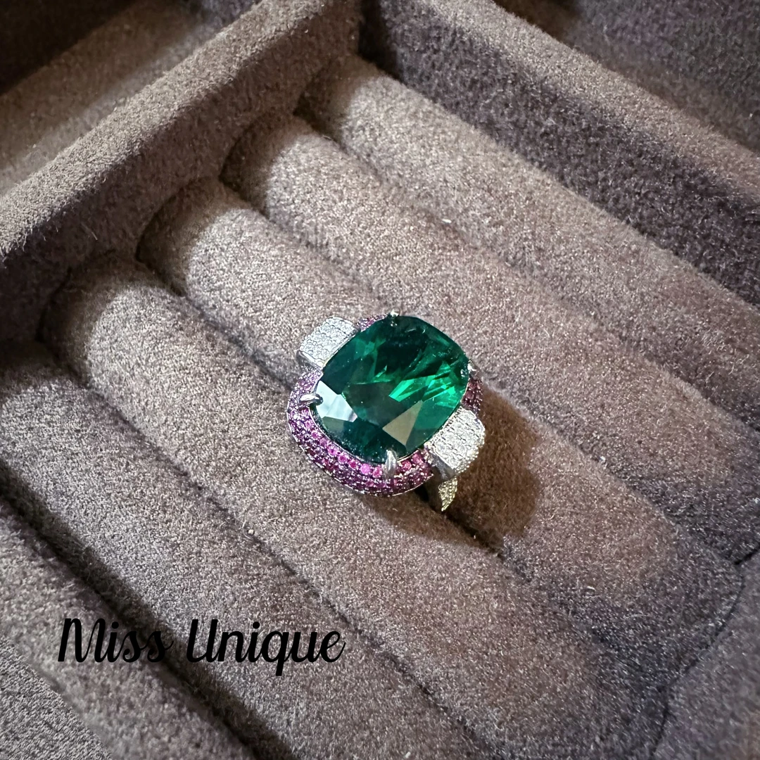 925银合成锆石戒指  C508绿色拼色方糖戒指