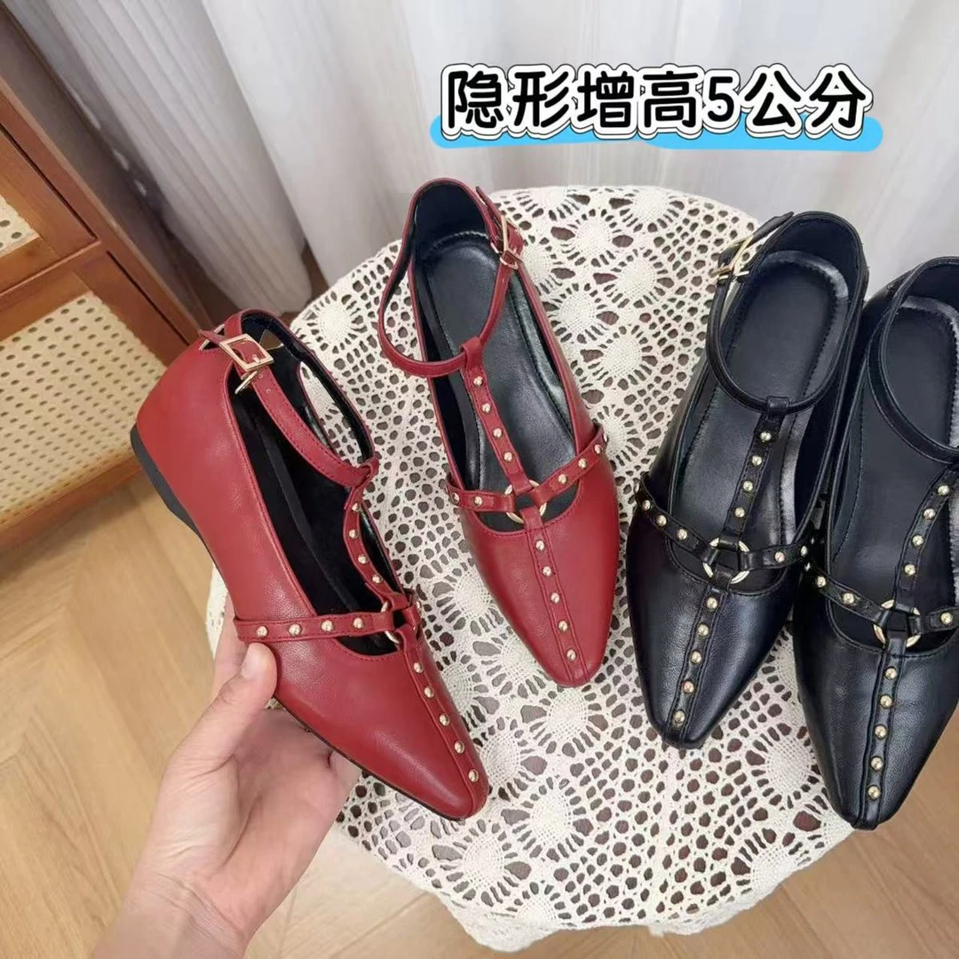 〖万达撤柜〗平底新款尖头单鞋带内增高玛丽珍女鞋皮鞋百搭红色浅口