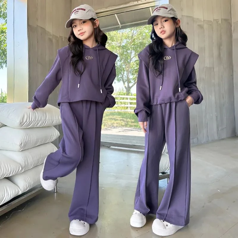 女童套装秋装2025新款儿童洋气春秋休闲宽松连帽卫衣中大童两件套